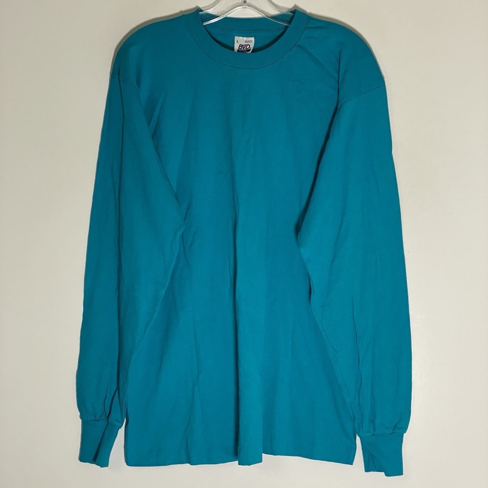 Vintage BVD T-Shirt Mens Large Blue Blank Single-Stitch USA Long Sleeve 90s Y2K